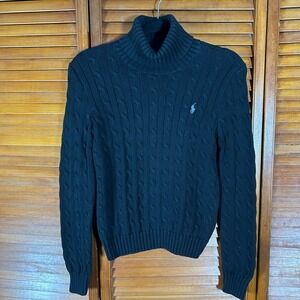 Ralph Lauren Sport Black Cable Knit Turtleneck Sweater Cotton Women Size Small